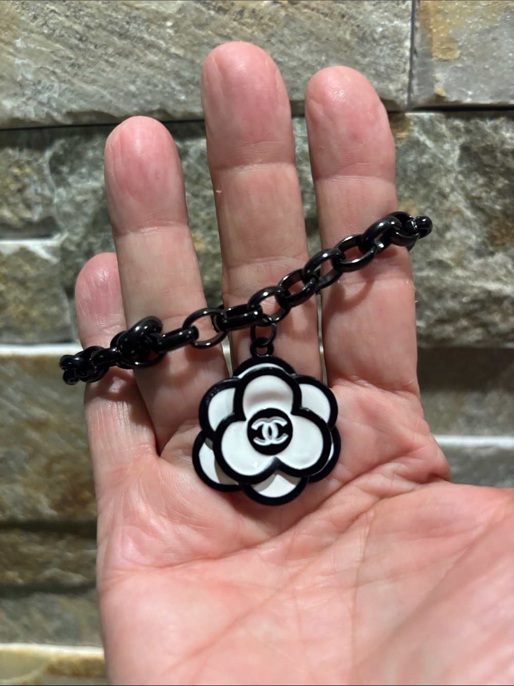 Black Chain Bracelet with White/black Camellia Charm - Picture 2 of 5
